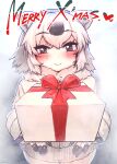  absurdres anchors_(mono_eye_os) animal_ears bear_ears bear_girl black_gloves black_hair blush brown_eyes christmas christmas_present coat commentary_request fur_trim gift gloves highres kemono_friends long_sleeves looking_at_viewer merry_christmas multicolored_hair polar_bear_(kemono_friends) short_hair two-tone_gloves two-tone_hair white_coat white_fur white_gloves white_hair winter_clothes winter_coat 
