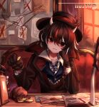  absurdres black_hair coat coin gloves hat highres horns kijin_seija letter money multicolored_hair necktie needle red_hair short_hair smile top-exerou touhou 