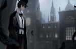  1boy architecture bangs black_hair black_jacket black_necktie black_pants clock clock_tower dongzhan836 feathers gothic_architecture hat highres jacket klein_moretti looking_afar lord_of_the_mysteries necktie night night_sky pants shadow shirt sky tower white_shirt window 