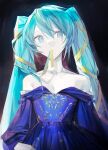  1girl agyou_sonokou_l bangs blue_dress blue_eyes blue_hair breasts cleavage collarbone dress hair_between_eyes hair_ribbon hatsune_miku highres long_hair looking_at_viewer mouth_hold off-shoulder_dress off_shoulder ribbon small_breasts solo twintails upper_body very_long_hair vocaloid yellow_ribbon 