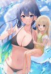  2girls absurdres bangs bare_legs barefoot bikini black_bikini blonde_hair blue_eyes blue_hair breasts carrying carrying_person cloud collarbone commentary_request daily_(daily178900) day female_child gradient_hair green_hair grin hair_between_eyes highres large_breasts long_hair looking_at_viewer multicolored_hair multiple_girls navel ocean one-piece_swimsuit open_mouth original pony sky smile standing swimsuit underboob v wading water_drop yellow_one-piece_swimsuit 