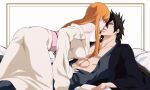  1boy 1girl abs bare_shoulders black_hair bleach breasts brown_eyes collarbone couple english_commentary hair_over_eyes highres inoue_orihime japanese_clothes kimono kurosaki_ichigo large_breasts long_hair long_sleeves looking_at_another lying mugetsu_form_(bleach) muscular muscular_male on_back orange_hair parted_lips pectorals pink_sash rozuberry sash 