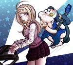  2016 accessory ahoge anthro black_eyes blonde_hair blue_background blue_body blush blush_stickers body_hair bodypaint bottomwear breasts chest_hair clothed clothing danganronpa digital_media_(artwork) dress_shirt duo electric_guitar electronic_musical_instrument empty_eyes eyebrows eyelashes featureless_crotch female fully_clothed genetic_chimerism geometric_background grin guitar hair hair_accessory hairpin holding_guitar human kaede_akamatsu ktokei light_body light_skin long_hair looking_at_another male mammal monokid monokubs motion_lines musical_instrument nude one_eye_closed pacifier playing_guitar playing_music plucked_string_instrument print_bottomwear print_clothing print_skirt purple_eyes shirt shoulder_pads simple_background size_difference skirt smile split_color string_instrument synthesizer teeth topwear ursid vest white_background white_body 