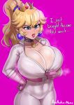  1girl aestheticc-meme alternate_breast_size bangs blonde_hair blue_eyes bowser breasts choker cleavage crown earrings gloves highres huge_breasts jewelry long_hair mario_(series) mario_kart official_alternate_costume official_alternate_hairstyle ponytail princess_peach skin_tight solo sweat tight 