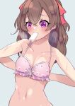  1girl absurdres bangs blush bra brown_hair delicious_party_precure food highres long_hair mikorin nagomi_yui popsicle popsicle_in_mouth precure purple_eyes rice_print solo sweat two_side_up underwear 