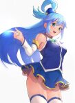  1girl aqua_(konosuba) blue_eyes blue_hair blue_skirt blue_stripes blush breasts detached_sleeves groin highres kono_subarashii_sekai_ni_shukufuku_wo! long_hair looking_at_viewer medium_breasts no_panties otsukemono pointing pointing_to_the_side ponytail revision single_hair_ring skirt smile solo thighhighs thighs white_background white_thighhighs zettai_ryouiki 