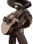  1boy black_headwear cyborg eyepatch guitar hat highres holding holding_instrument instrument looking_at_viewer male_focus metal_gear_(series) metal_gear_rising:_revengeance one_eye_covered poncho raiden_(metal_gear) short_hair simple_background solo sombrero uglykao white_background white_hair 