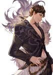  1boy arm_at_side belial_(granblue_fantasy) belt black_jacket black_pants bokyo brown_hair closed_mouth dated feather_boa granblue_fantasy hand_on_hip highres jacket long_sleeves looking_at_viewer male_focus navel pants pectorals red_eyes short_hair simple_background smile solo v-shaped_eyebrows white_background 