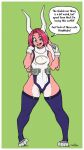  2022 anthro blue_eyes buckteeth clothed clothing cosplay dialogue female fran_cervic&eacute; fur gloves hair handwear hi_res lagomorph leggings legwear leporid looking_down mammal miruko my_hero_academia open_mouth pink_body pink_fur pink_hair rabbit signature solo speech_bubble spread_legs spreading standing t-kay teeth text tongue 