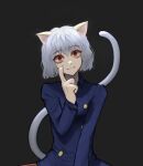 1other :3 absurdres animal_ears animal_hands blue_shirt buttons cat_ears cat_tail closed_mouth dbr_(dbruuu9) double-breasted fewer_digits fingernails grey_background grey_hair head_tilt highres hunter_x_hunter long_sleeves looking_at_viewer neferpitou red_eyes sharp_fingernails shirt short_hair simple_background sitting smile solo tail 