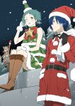  1girl 2boys absurdres amada_ken animal_costume aqua_hair blue_eyes blue_hair boots brown_hair christmas christmas_tree closed_mouth dress fur_trim gloves hat high_heel_boots high_heels highres kobayashi_chizuru multiple_boys open_mouth persona persona_3 reindeer_costume santa_costume santa_hat short_hair snow yamagishi_fuuka yuuki_makoto 