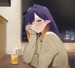 1girl alcohol beer blue_eyes blush cheek_rest closed_mouth cup drinking_glass fang highres hololive hololive_english indoors ku_roiko long_sleeves looking_at_viewer mole mole_under_eye ninomae_ina&#039;nis pointy_ears purple_hair sleeves_past_wrists smile solo sweater tentacle_hair upper_body virtual_youtuber 