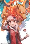  1boy backpack bag baseball_cap blue_bag brown_eyes brown_hair charizard closed_mouth coat commentary_request fire hand_on_headwear hat high_collar looking_at_viewer male_focus open_clothes open_coat poke_ball poke_ball_(basic) pokemon pokemon_(creature) pokemon_(game) pokemon_masters_ex red_(pokemon) red_(sygna_suit)_(pokemon) red_coat shirt short_hair sleeveless_coat sumeragi1101 wristband 