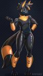  2022 4_toes 5_fingers anthro anubian_jackal canid canine canis eyewear featureless_crotch feet fingers glasses glistening glistening_body gold_(metal) hi_res jackal latex male mammal rainset simple_background solo standing toes 