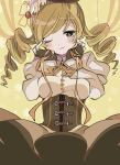  1girl bangs blonde_hair blush brown_corset brown_gloves commentary corset drill_hair fingerless_gloves gloves highres koshianpancake long_hair magical_girl mahou_shoujo_madoka_magica one_eye_closed puffy_sleeves smile solo swept_bangs tomoe_mami twin_drills yellow_eyes 