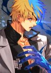  1boy black_shirt blonde_hair blue_eyes blue_hair collarbone dragon_claw dragon_install guilty_gear guilty_gear_strive hungry_clicker jacket ky_kiske looking_at_viewer male_focus multicolored_hair open_mouth pectorals shaded_face shirt solo transformation upper_body white_jacket 
