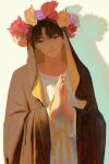 1boy bangs beads black_hair black_veil brown_eyes chinese_commentary commentary_request green_background head_wreath klein_moretti lips looking_to_the_side lord_of_the_mysteries own_hands_together prayer_beads praying qiongnian76986 shaded_face shadow simple_background solo white_tunic 