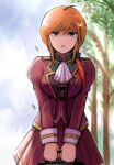  1girl ascot breasts character_request commentary_request copyright_request gacha-m gundam jacket looking_at_viewer medium_breasts mobile_suit_gundam open_mouth orange_hair outdoors petals purple_eyes red_jacket red_skirt skirt solo tree uniform v_arms 