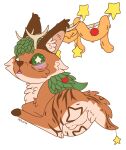  alleycat8706_(artist) antlers balls blush capreoline christmas decoration deer feral fur fuzzy genitals green_eyes hi_res holidays hooves horn looking_back lying male mammal ornaments reindeer roblox solo star stripes surprise wings world_zero 