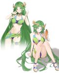  1girl absurdres alternate_costume bangs belt_collar bikini blue_flower blush breasts carrot collar commentary_request commission cosplay crossover eunie_(xenoblade) eunie_(xenoblade)_(cosplay) feet flower forehead_jewel gem green_belt green_bikini green_eyes green_hair highres kid_icarus large_breasts laurel_crown legs long_hair looking_at_viewer mia_cbx multiple_views navel palutena purple_bikini red_gemstone sandals sarong simple_background skeb_commission smile solo swimsuit tiara toenails toes two-tone_bikini very_long_hair wet xenoblade_chronicles_(series) xenoblade_chronicles_3 yellow_gemstone 