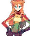  1girl andrewcockroach ass_visible_through_thighs bangs blue_eyes bodysuit breasts covered_navel evangelion:_2.0_you_can_(not)_advance gloves hair_behind_ear hair_between_eyes hands_on_hips highres looking_at_viewer medium_breasts neon_genesis_evangelion orange_bodysuit plugsuit rebuild_of_evangelion red_bodysuit red_gloves smile souryuu_asuka_langley test_plugsuit two-tone_bodysuit v-shaped_eyebrows white_background 
