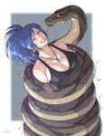  1girl absurdres anaconda animal bare_shoulders black_tank_top blue_hair breasts cirenk closed_eyes constriction dog_tags giant_snake highres large_breasts leona_heidern oversized_animal ponytail sleeveless snake_bondage solo tank_top the_king_of_fighters wrapped_up 