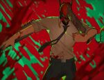  1boy black_necktie black_pants blood blood_on_clothes blood_on_weapon blood_splatter chainsaw_man collared_shirt denji_(chainsaw_man) floating_necktie hybrid necktie open_mouth pants red_background riu_lico sharp_teeth shirt shirt_tucked_in simple_background sleeves_rolled_up solo stylized_blood teeth tongue tongue_out weapon white_shirt 