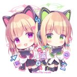  2girls :3 :d animal_ear_headphones animal_ears azumi_kazuki bangs black_footwear black_shorts black_skirt black_thighhighs blonde_hair blue_archive blue_bow blue_necktie blush bow chibi collared_shirt commentary_request cursor dress_shirt fake_animal_ears full_body green_eyes hair_bow halo handheld_game_console headphones holding hourglass jacket long_sleeves midori_(blue_archive) momoi_(blue_archive) multiple_girls necktie open_clothes open_jacket parted_lips pixelated pleated_skirt purple_eyes red_bow red_footwear shirt shoes short_shorts shorts siblings sidelocks simple_background sisters skirt sleeves_past_wrists smile thighhighs twins white_background white_jacket white_shirt wide_sleeves 