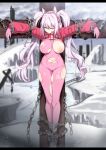  1girl alice_(nikke) animal_ear_headphones animal_ears ass_visible_through_thighs blurry blurry_background blush bodysuit breasts cameltoe chain closed_eyes commentary commission covered_nipples cross crucifixion earpiece eijsvl fake_animal_ears full_body gloves goddess_of_victory:_nikke grey_hair hair_intakes headphones ice jacket large_breasts legs_together letterboxed long_hair long_sleeves navel nipples one_breast_out outdoors outstretched_arms parted_lips pink_bodysuit pink_gloves red_jacket shoes shrug_(clothing) skeb_commission skin_tight snow solo thigh_gap torn_bodysuit torn_clothes twintails unconscious white_footwear 