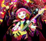  1girl @_@ bangs bass_guitar black_bow black_jacket black_nails blunt_bangs bocchi_the_rock! bow braid dress green_dress gunjima_souichirou hair_bow hair_over_shoulder highres hiroi_kikuri holding holding_instrument instrument jacket long_hair long_sleeves medium_dress multicolored_clothes multicolored_jacket music open_clothes open_jacket playing_instrument purple_eyes purple_hair ringed_eyes sharp_teeth single_braid teeth two-tone_jacket white_jacket 