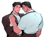  2boys bara batman_(series) black_hair blue_eyes bruce_wayne clark_kent closed_eyes commentary dc_comics english_commentary face-to-face looking_at_another male_focus multiple_boys muscular muscular_male shirt short_hair sketch smile superman_(series) teeth warner_bros yaoi z_(malenjoyer) 