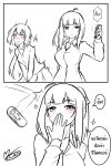  2girls ahegao bangs between_legs blush covering_mouth echo-obake hand_between_legs hand_over_own_mouth implied_vibrator long_hair monochrome multiple_girls original ponytail remote_control_vibrator sex_toy short_hair skirt thai_text translation_request vibrator yuri 