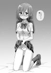  1girl bangs bed_sheet blush bow bow_panties bowtie clothes_lift commentary dress_shirt full_body glasses greyscale half-closed_eyes highres kneeling lifted_by_self long_hair looking_at_viewer monochrome on_bed open_mouth original panties round_eyewear school_uniform shadow shirt short_sleeves skirt skirt_lift smile socks solo straight_hair takeuchi_motoki translated underwear wing_collar 