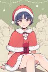  1girl artist_name bangs black_hair brown_eyes capelet christmas closed_mouth commentary dress fur-trimmed_capelet fur-trimmed_dress fur_trim gift hat highres kdc_(tamaco333) looking_at_viewer ranma_1/2 red_capelet red_dress red_headwear sack santa_dress santa_hat shadow short_dress short_hair signature sitting smile solo star_(symbol) tendou_akane 