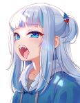  1girl absurdres bangs blue_eyes blue_hair blunt_bangs blush gawr_gura hair_ornament highres hololive hololive_english hood hoodie long_hair looking_at_viewer multicolored_hair one_side_up open_mouth shark_hair_ornament sharp_teeth shinno simple_background solo teeth tongue tongue_out two-tone_hair virtual_youtuber white_background white_hair 