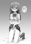  1girl bangs bed_sheet blush bow bow_panties bowtie clothes_lift commentary dress_shirt full_body glasses greyscale half-closed_eyes highres kneeling lifted_by_self light_frown long_hair looking_at_viewer monochrome on_bed open_mouth original panties round_eyewear school_uniform shadow shirt short_sleeves skirt skirt_lift socks solo straight_hair takeuchi_motoki translated underwear wing_collar 