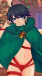  1girl ahoge alternate_costume bangs bell black_hair black_survival blue_eyes blurry blurry_background breasts buttons christmas christmas_tree cloak commentary commentary_request cowboy_shot earrings fur_trim fur_trimmed_cloak green_cloak hair_between_eyes highres jewelry looking_at_viewer naked_cloak naked_ribbon navel parted_lips red_ribbon ribbon short_hair silvia_piquet solo star_(symbol) star_earrings teeth underboob user_jkdf2484 