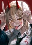  1girl absurdres akgrn blonde_hair blood blood_on_face chainsaw_man collarbone collared_shirt film_grain hair_between_eyes highres horns necktie power_(chainsaw_man) red_background sharp_teeth shirt solo teeth tongue tongue_out 