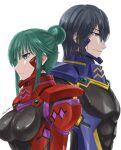  1boy 1girl bangs black_bodysuit black_hair blue_eyes bodysuit breasts covered_abs fortified_suit green_eyes green_hair hair_behind_ear hair_bun highres ikaruga_takatsugu impossible_bodysuit impossible_clothes jun_(rellik_&amp;_redrum) medium_breasts muvluv muvluv_alternative pectorals pilot_suit single_hair_bun skin_tight smile tsukuyomi_mana white_background 