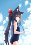  1girl animal_ear_fluff animal_ears ass azur_lane bangs black_hair blue_one-piece_swimsuit blunt_bangs blush brown_eyes cloud commentary food fox_ears fox_girl long_hair m_ko_(maxft2) nagato_(azur_lane) old_school_swimsuit one-piece_swimsuit outdoors popsicle ribbon school_swimsuit sky solo swimsuit thighs twintails very_long_hair 