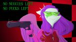  absurd_res anthro blue_body clothed clothing cosplay crossover cruelty_squad dinosaur english_text eyewear fang_(gvh) feathered_wings feathers female glasses goodbye_volcano_high gun hair handgun hi_res humor long_hair long_snout looking_at_viewer pistol pterodactylus pterosaur purple_hair ranged_weapon reptile scalie snoot_game_(fan_game) snout solo text unknown_artist video_games weapon wings 