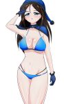  1girl bangs bikini black_hair blue_bikini blue_capelet blue_eyes blue_gloves blue_headwear blue_santa_costume blush breasts capelet christmas cleavage commentary_request cowboy_shot earlobe1514366 fur-trimmed_capelet fur-trimmed_gloves fur_trim girls_und_panzer girls_und_panzer_gekijouban gloves groin half-closed_eyes halterneck hand_on_own_head hat highres large_breasts long_hair looking_at_viewer multi-strapped_bikini navel nonna_(girls_und_panzer) official_alternate_costume parted_lips partial_commentary santa_costume santa_gloves santa_hat simple_background solo standing string_bikini swept_bangs swimsuit white_background 