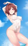  1girl armpits arms_behind_head arms_up bangs bare_shoulders blue_sky blush breasts brown_hair covered_navel covered_nipples highleg highleg_swimsuit highres higuchi_madoka idolmaster idolmaster_shiny_colors looking_at_viewer medium_breasts mole mole_under_eye okuri_banto one-piece_swimsuit open_mouth purple_eyes short_hair sky solo swept_bangs swimsuit thighs wet white_one-piece_swimsuit 