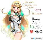  1girl black_gloves blonde_hair blush breasts canadiananiguy chest_jewel cleavage covering covering_breasts covering_crotch flustered gloves large_breasts long_hair meme mythra_(xenoblade) open_mouth shoulder_pads solo teeth thighhighs twitter_strip_game_(meme) twitter_username upper_teeth very_long_hair white_gloves xenoblade_chronicles_(series) xenoblade_chronicles_2 