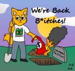  2022 antifa brazil brazilian brazilian_flag canid canine cemetery clothed clothing election elections english_text fascism fire fox fur gradient_background hi_res hole_(pit) jun_jun jun_jun_(character) lycalopex male male/male mammal nature nature_background nazi nazi_flag orange_body orange_fur pampas_fox politics shirt simple_background smile smoke solo sunrise swastika text toony topwear white_clothing white_shirt white_topwear 