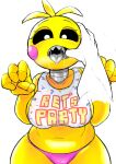 animatronic anthro avian bib big_breasts bird black_eyes bodily_fluids breasts chicken clothing fangs female first_person_view five_nights_at_freddy&#039;s five_nights_at_freddy&#039;s_2 galliform gallus_(genus) hand_in_mouth hi_res looking_at_viewer machine panties phasianid robot saliva sarumoji scottgames solo text tongue tongue_out toy_chica_(fnaf) underwear video_games yellow_body 