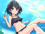  1girl absurdres air_bubble bangs bikini bird_girl bird_tail black_bikini black_eyes black_hair breasts bubble commentary fish frilled_bikini frills head_wings highres jewelry kemono_friends looking_at_viewer navel necklace ocean parted_lips shiraha_maru short_hair side-tie_bikini_bottom small_breasts solo sunlight superb_bird-of-paradise_(kemono_friends) swimsuit tail twitter_username underwater water 