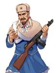  1boy beard blonde_hair blue_dress braid brown_hair call_of_duty:_world_at_war cosplay cowboy_shot crossdressing dress drum_magazine facial_hair fur_hat girls&#039;_frontline gun hair_bobbles hair_ornament hat henshako highres holding holding_gun holding_weapon long_sleeves looking_at_viewer magazine_(weapon) male_focus missing_finger mustache ppsh-41 ppsh-41_(girls&#039;_frontline) ppsh-41_(girls&#039;_frontline)_(cosplay) reaching_towards_viewer red_star simple_background solo submachine_gun twintails ushanka viktor_reznov weapon white_background 