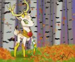  2022 antlers autumn black_nose deer digital_drawing_(artwork) digital_media_(artwork) feral forest forest_background frown full-length_portrait fur green_eyes hasbro hi_res horn idw_publishing king_aspen_(mlp) leaf leaves_on_ground looking_at_viewer male mammal my_little_pony my_little_pony_(idw) nature nature_background plant portrait quadruped ring royalty scut_tail short_tail signature solo swasfews tree vines white_body white_fur yellow_antlers 
