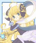  1girl 8bupolbwaxx2mve ahoge bangs blonde_hair blue_eyes cardcaptor_sakura dragalia_lost dress fake_horns highres holding holding_staff horns long_hair looking_at_viewer looking_to_the_side open_mouth parody solo staff star_(symbol) style_parody upper_body very_long_hair zena_(dragalia_lost) 